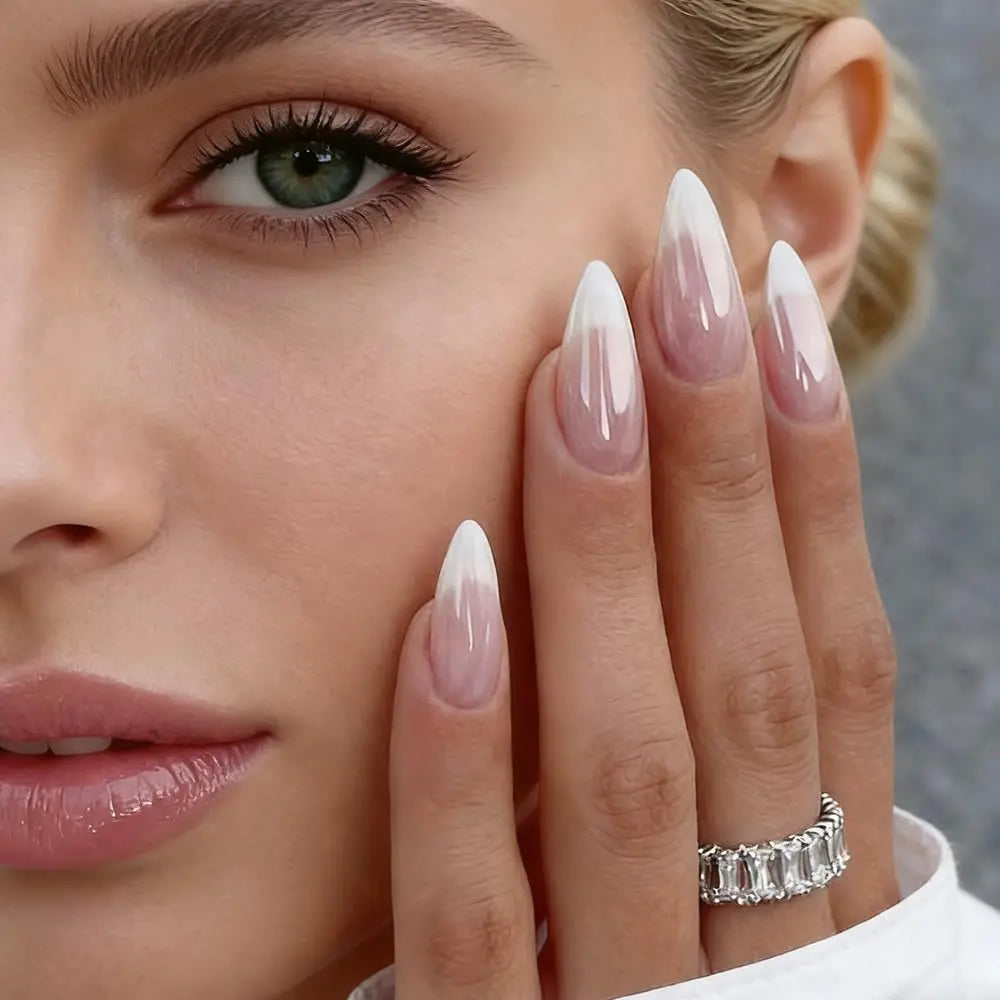 Almond Press On Nails 24PCS – French Tip & Chrome Design Fake Nails Set, Medium Length Stick On Nails for Women Nails Press Ons French Tips Nails