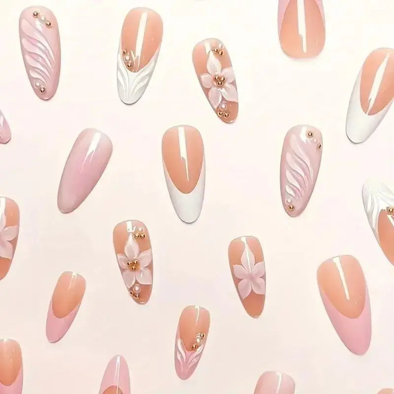 Women's Nude Pink 3D Flower Press-On Nails, Almond French Tip False Nails with Wavy Design, Glossy Reusable Acrylic Nail Set for Everyday Wear, Weddings & Parties