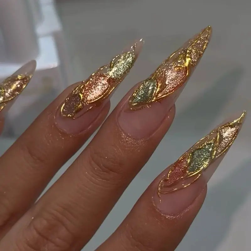 SHEDARES Sunset Cat Eye – Handmade Press-On Nails with Pink, Green & Gold Cat Eye Effects, Metallic Edges & Glossy Nude Base – Perfect for Vacation & Glow Looks