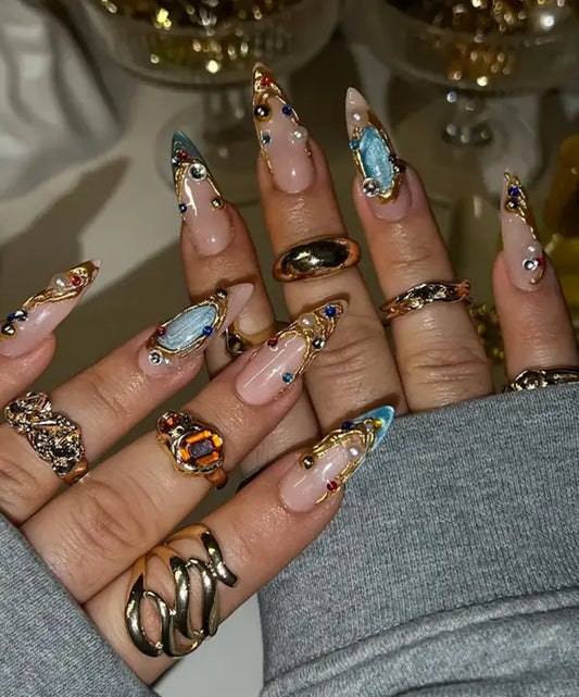 Luxury 3D Gold Abstract Press On Nails Long Almond Fake Nails Colorful Rhinestones Pearls Blue Gem Vintage Y2K Reusable False Nails Women Party Wedding DIY Manicure Handmade Custom Acrylic Nail Art TikTok Viral Beauty Trendy Stick On Nails Gift Set