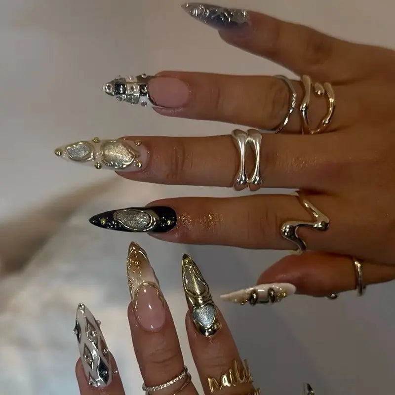 SHEDARES Metallic Chrome – Luxury Press-On Nails with Crystals, Pearlescent Shine & Sculpted Metal Art – Perfect for Night Out & Special Events