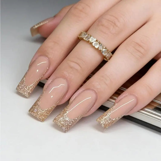 24Pcs Extra Long Golden Metallic French Press On Nails - Shiny Plastic Multi-Size False Nail Tips Set for Wedding Events, Casual Wear