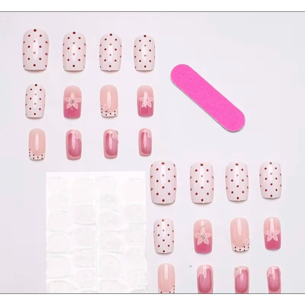 24pcs Square Style Sweet Pressed Nail Pieces with French Polka Dots 3D Carved Patterns & Golden Bead Additions for Gatherings & Daily Wear
