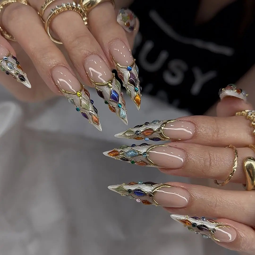 Crystal Armor Stiletto Press On Nails  Luxury Multicolor Gem Pointed False Nails