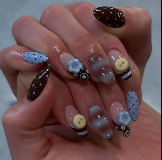 Brown Blue Polka Dot Press On Nails, 3D Flower Button Almond Fake Nails, Nude Gray Striped Design, Cute Retro Reusable Full Cover Nail Set, Handmade Trendy Y2K Manicure Gift for Women Everyday Nails USA