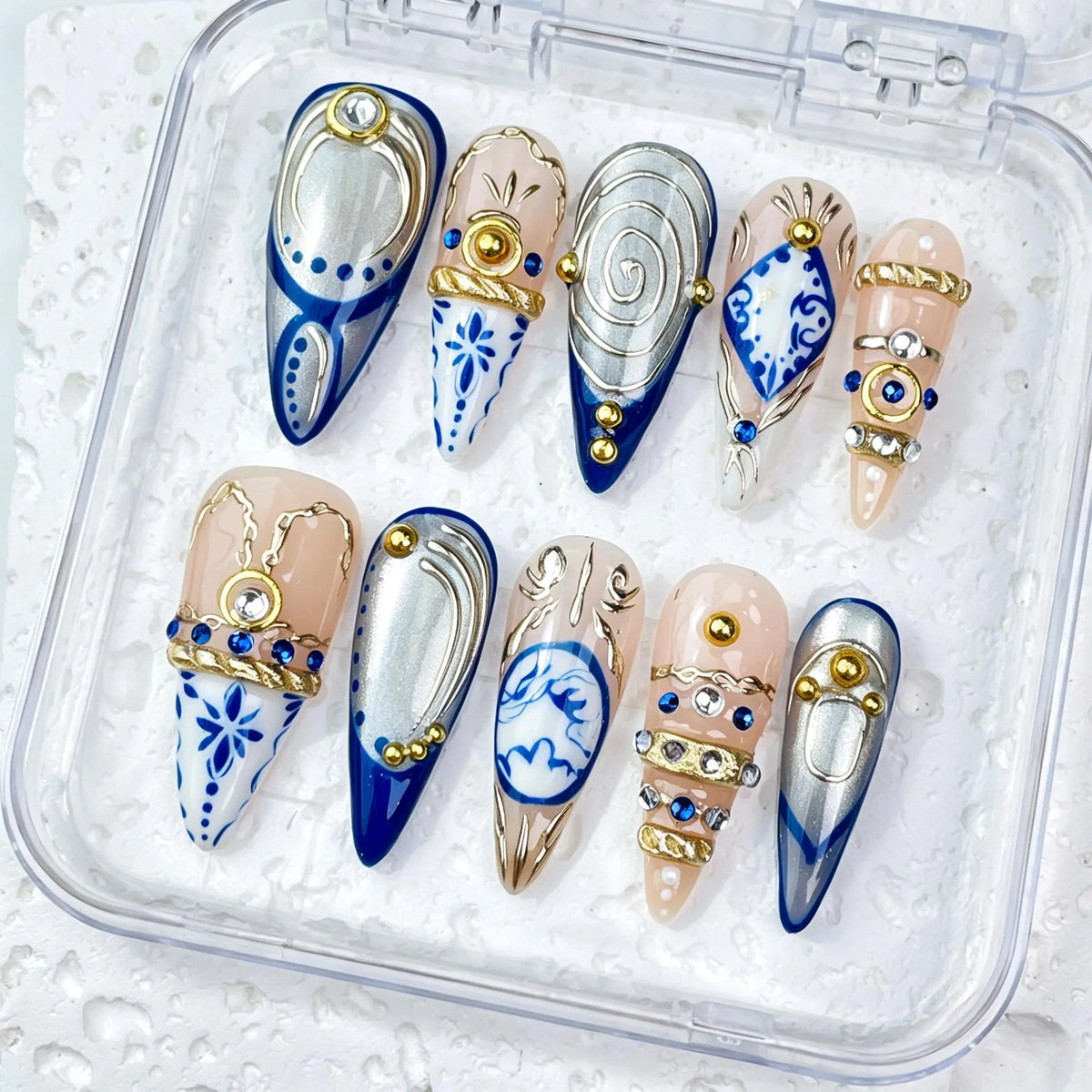 DivelleNails Handmade Press On Nails Collection 10pcs,Stiletto Nude Pink Gradient Nails,3D White Flower Gold Bangle Accent Blue Purple Heart Rhinestone,Reusable Acrylic False Nails