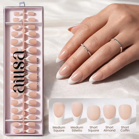 Aillsa Neutral Nude Base French Tip Press On Nails - Beauty Products with Glossy/Matte Finish, Ready-to-Wear/DIY, French Nail Art for Dates,Weddings, Natural Look Glam Accessory,sohochic