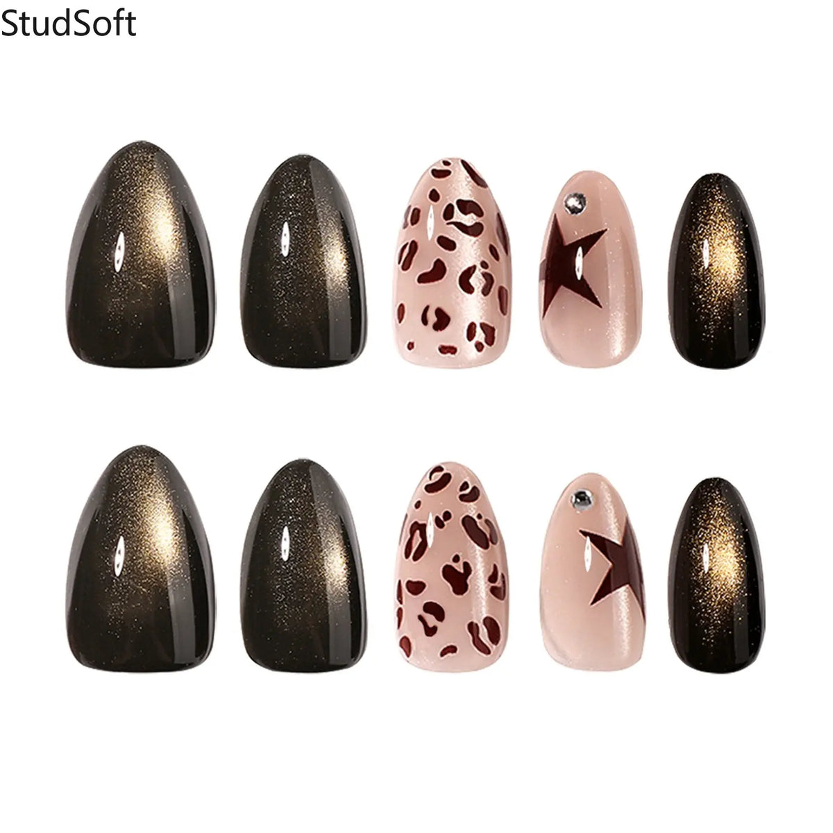 24pc Leopard Cat Eye Glossy Brown Star Fake Nails, Almond Shape Medium Reusable Press-On Nail Patches for Autumn Winter Manicures,sohochic