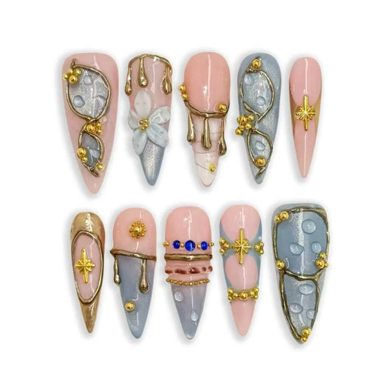 Angelcore Inspired Luxury Nail Art, Soft Pink Base with Ice Blue Chrome Effect, Gold Metal Details, Floral Texture and Elegant Minimal Design for Wedding Season, Fashion Events and Chic Everyday Looks