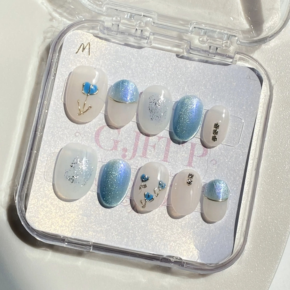 10Pcs Handmade Press On Nails Reusable Medium Handmade Acrylic Press Nails New Summer Collection, Cute Elegant Luxury Cat Eye Design, Ocean Inspired, High Quality Soft Sophisticated Look for Women Nail Art