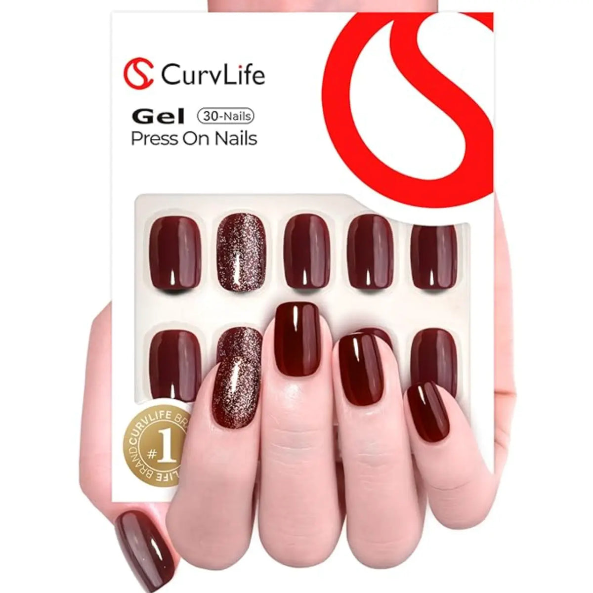 Burgundy Bling Glitter Press On Nails | CurvLife Nail | 24pcs Short Square Fake Nails | Glossy Deep Burgundy Finish with Sparkling Accents | Easy to Apply, Comfortable & Long-Lasting Hold |  Evening , Cocktail Parties, Weddings & Glamorous Events