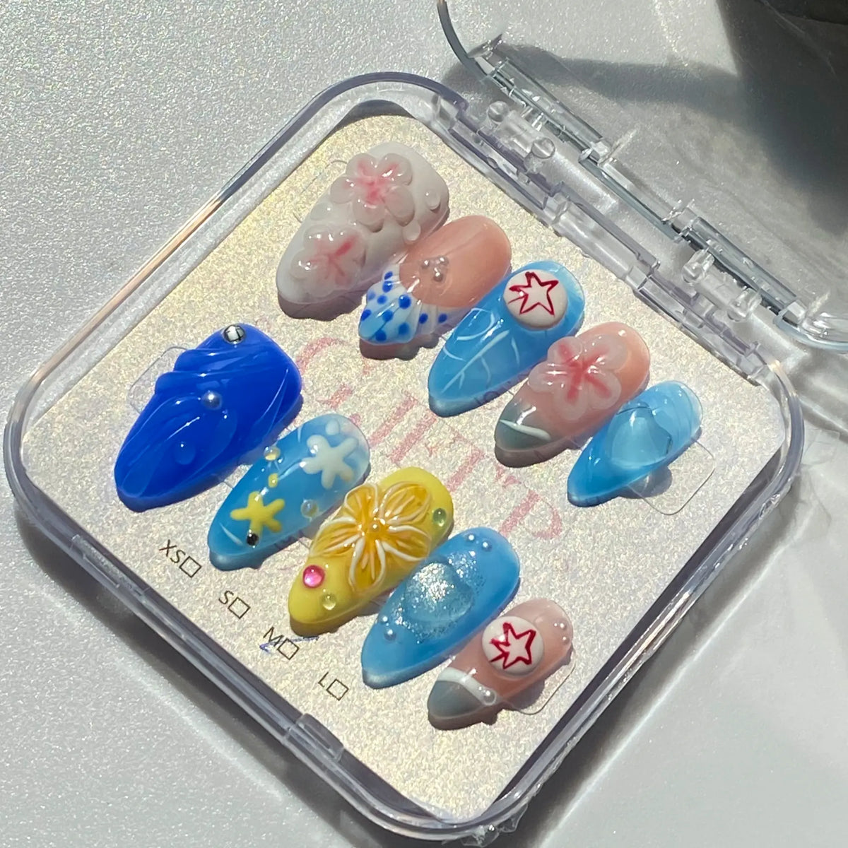 10Pcs Handmade Press On Nails Reusable Medium Handmade Acrylic Press Nails New Summer Collection, Cute Elegant Luxury Cat Eye Design, Ocean Inspired, High Quality Soft Sophisticated Look for Women Nail Art
