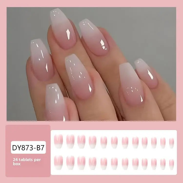 Gentle and sweet girly press-on nails featuring an icy, translucent gradient, sheer white, and plaid pattern.