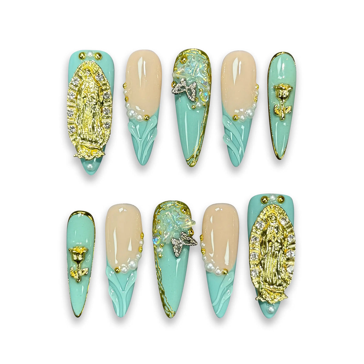 Pressmeon Handmade Press-on Nails | Holy Glory | Long Stiletto Shape Collection | 3D Luxury Salon Quality | Reusable & Extra Durable | Eco Package