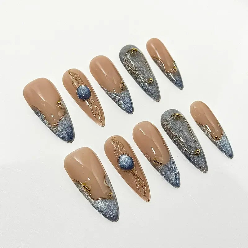SHEDARES Luxe Galaxy – Handmade Metallic Grey & Nude Press-On Nails with Gold Charms & Marble Stone Effect – Celestial Luxury Nails for Dates & Special Events