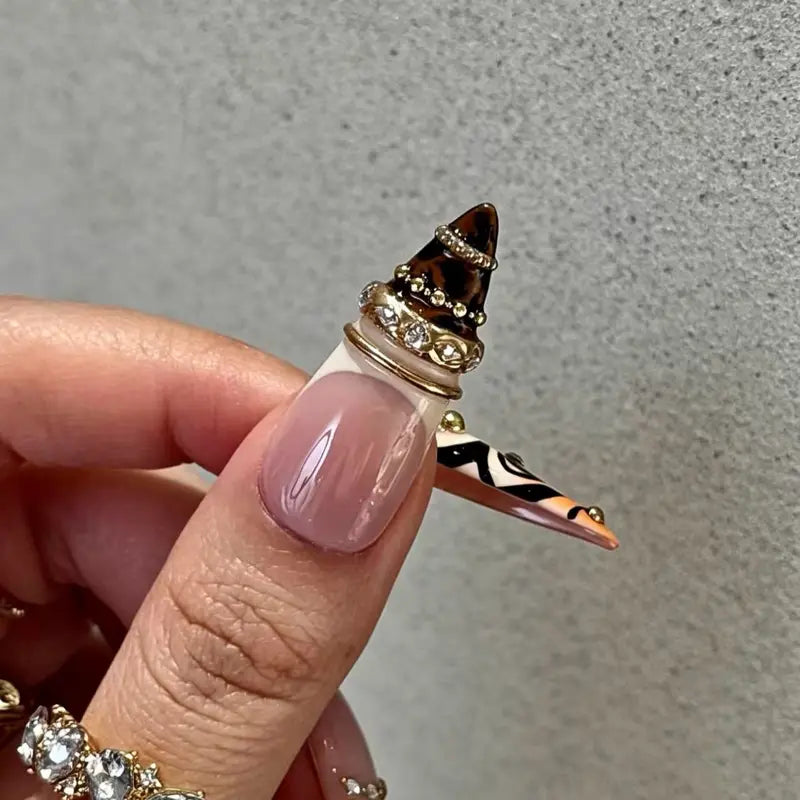 SHEDARES Tortoise Luxe – Luxury Press-On Nails with Tortoiseshell Art, Sculpted Gold Accents, Crystal Details & Glossy Nude Base – Perfect for Night Out & Special Events