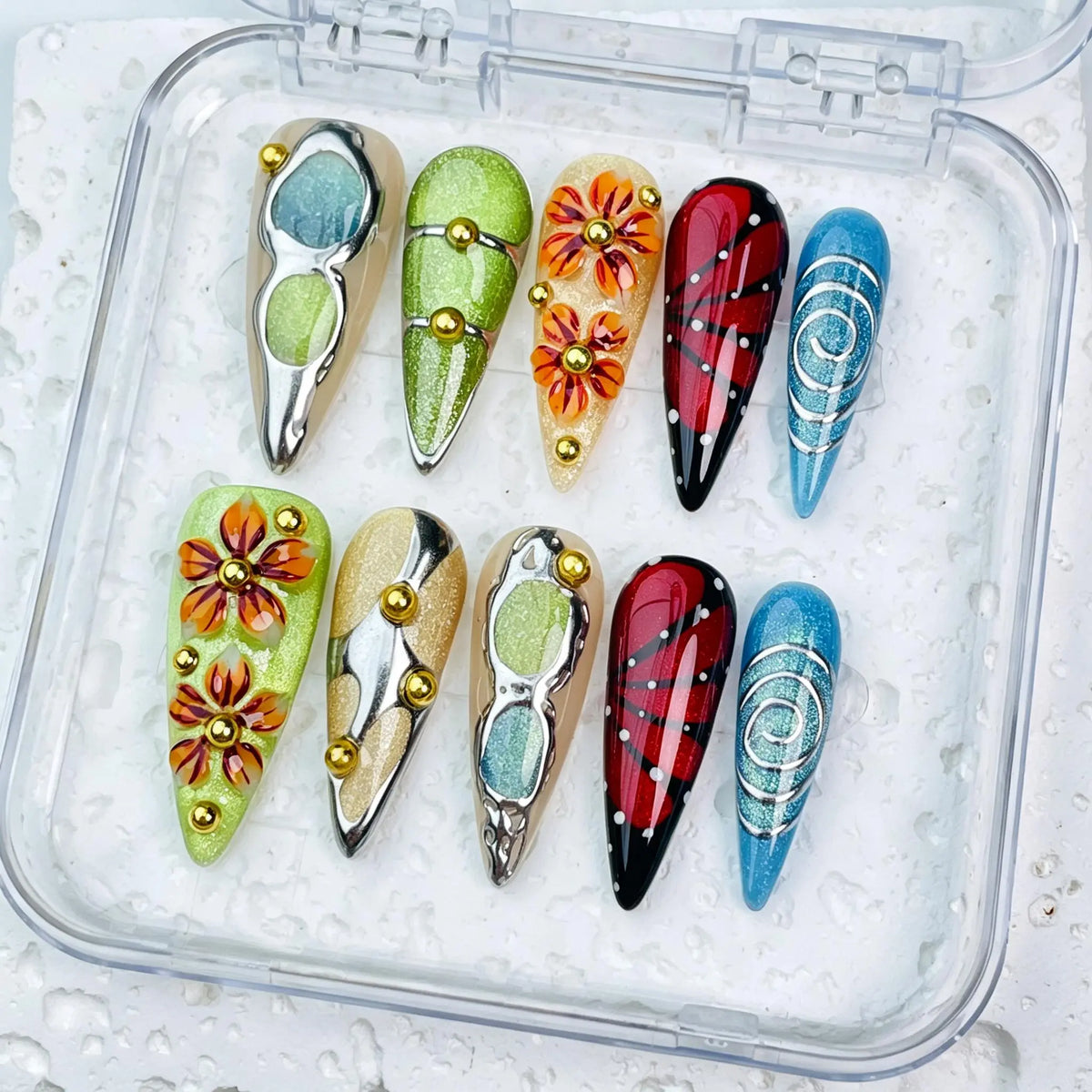 DivelleNails Handmade Press On Nails Collection 10pcs,Stiletto Nude Pink Gradient Nails,3D White Flower Gold Bangle Accent Blue Purple Heart Rhinestone,Reusable Acrylic False Nails