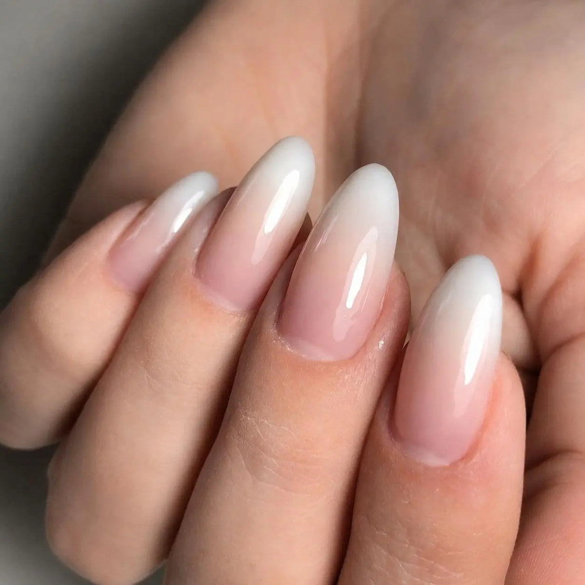 Milky Nude Ombre Press On Nails – 24 PCS Medium Almond Fake Nails, Glossy Gradient French Tip Style, Elegant Nude Pink Glue On Nails for Wedding, Date Night & Everyday Wear, Almond Shape Nails