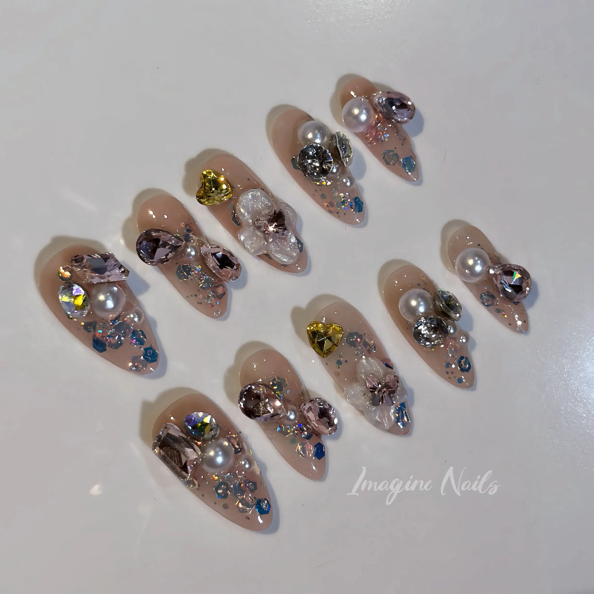 Elegant original design  Removable Press-On Nails - Handmade, Reusable, Salon-Quality, Long-Lasting, Unique Design, Includes Rings, Adorned with High-Quality Grade Diamonds, Removable False Nails