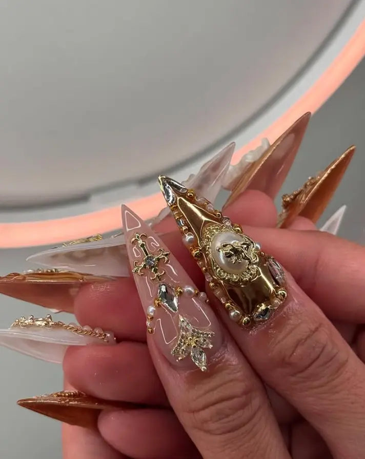 Baroque Luxury Gold Chrome Press On Nails | Extra Long Stiletto Fake Nails with 3D Angel Cherubs, Pearls & Rhinestones | Vintage Gothic Reusable False Nails | Edgy Baddie Manicure Set