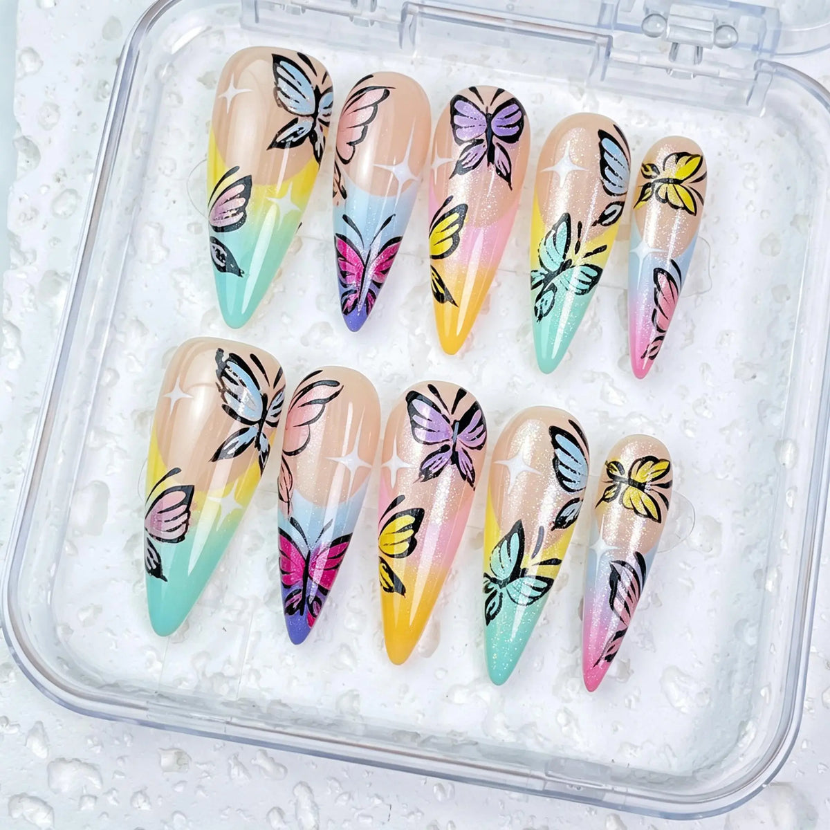 DivelleNails Handmade Press On Nails Collection 10pcs,Stiletto Nude Pink Gradient Nails,3D White Flower Gold Bangle Accent Blue Purple Heart Rhinestone,Reusable Acrylic False Nails