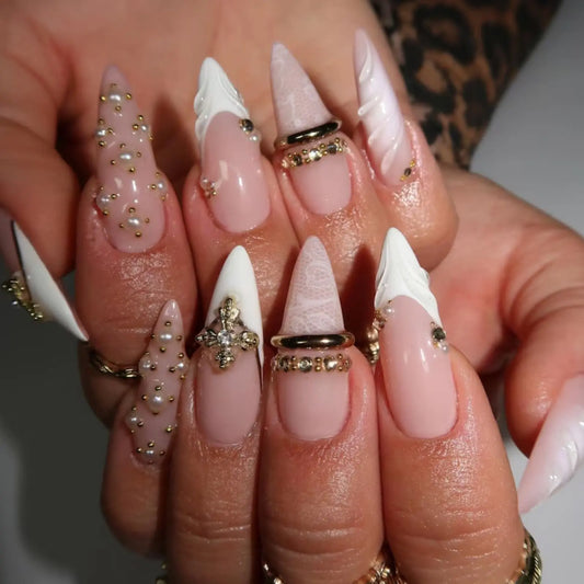 Nude White Press On Nails | Pearl & Gold 3D Nail Art | Lace Stiletto False Nails | Elegant Luxury Statement Nail Set