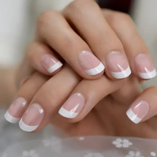 Classic French Tip Press On Nails | CurvLife Nail | 24pcs Short Oval Fake Nails | Natural Nude Finish | Easy Apply, Comfortable & Long-Lasting | Daily, Business & Elegant Event Nail Art