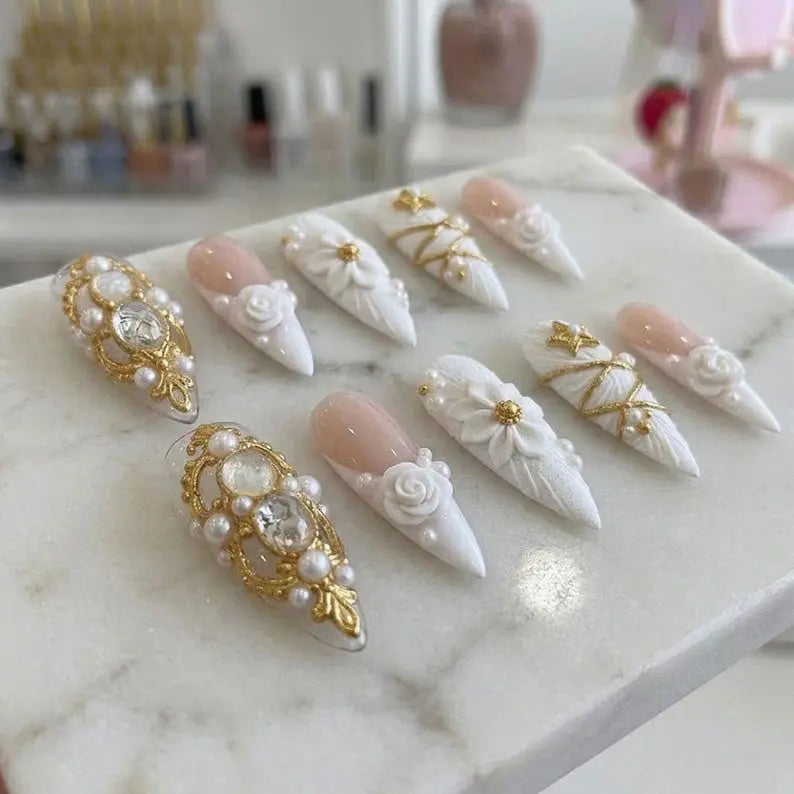 Luxury Bridal Press On Nails, White 3D Floral Pearl & Gold Design, Handmade Elegant Wedding Stiletto Fake Nails, Romantic Princess Nail Set