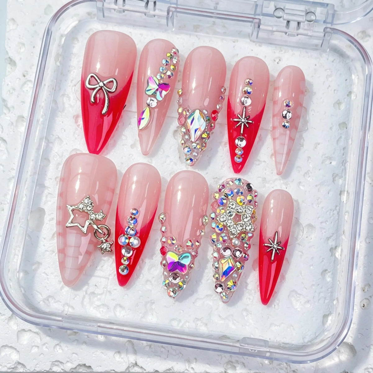 DivelleNails Handmade Press On Nails Collection 10pcs,Stiletto Nude Pink Gradient Nails,3D White Flower Gold Bangle Accent Blue Purple Heart Rhinestone,Reusable Acrylic False Nails