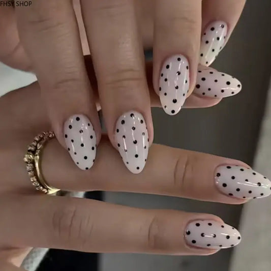 Women's 24pc Almond Shape Press-On Nails, Black & White Polka Dot Simple Design, Reusable Manicure Kit with Pre-Applied Gel Finish for Easy, Everyday Wear, Easy Wear,sohochic