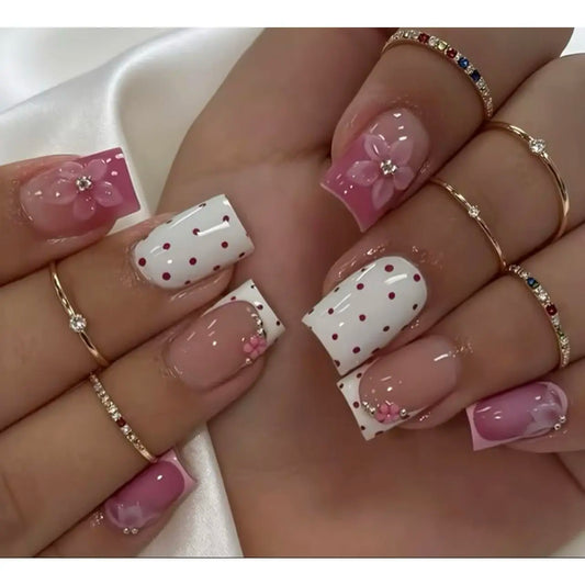 24pcs Square Style Sweet Pressed Nail Pieces with French Polka Dots 3D Carved Patterns & Golden Bead Additions for Gatherings & Daily Wear