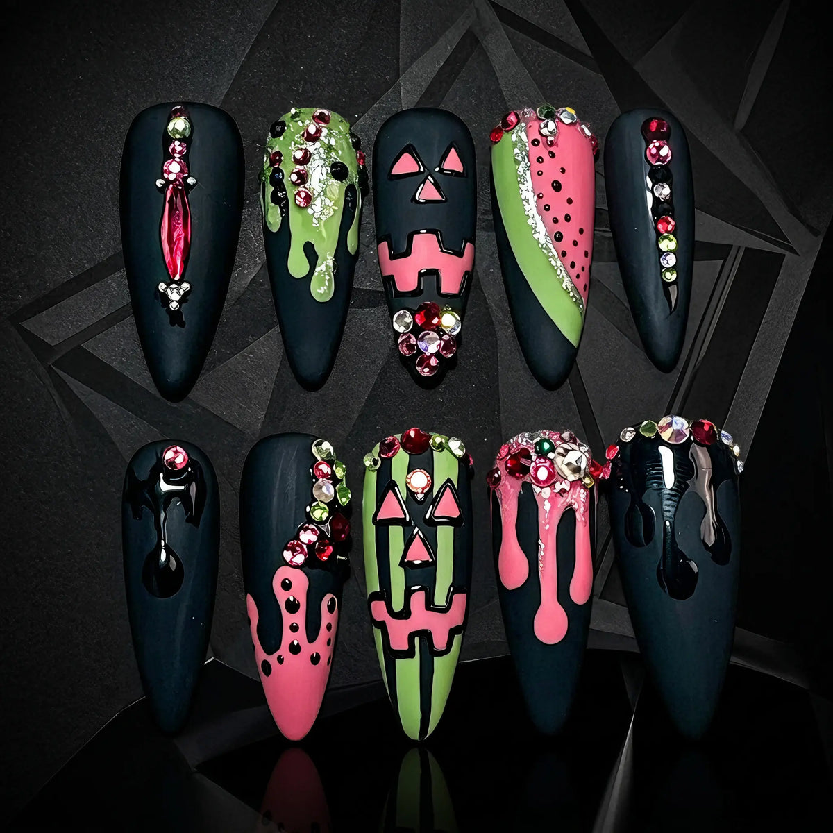 Gothic Y2K Nail Art Design with Black Base, Pink & Green Drip Effects, Rhinestone Details and Halloween Inspired Style, Trendy Dark Aesthetic Manicure Look for Parties, Festivals, Fashion and Everyday Statement Style