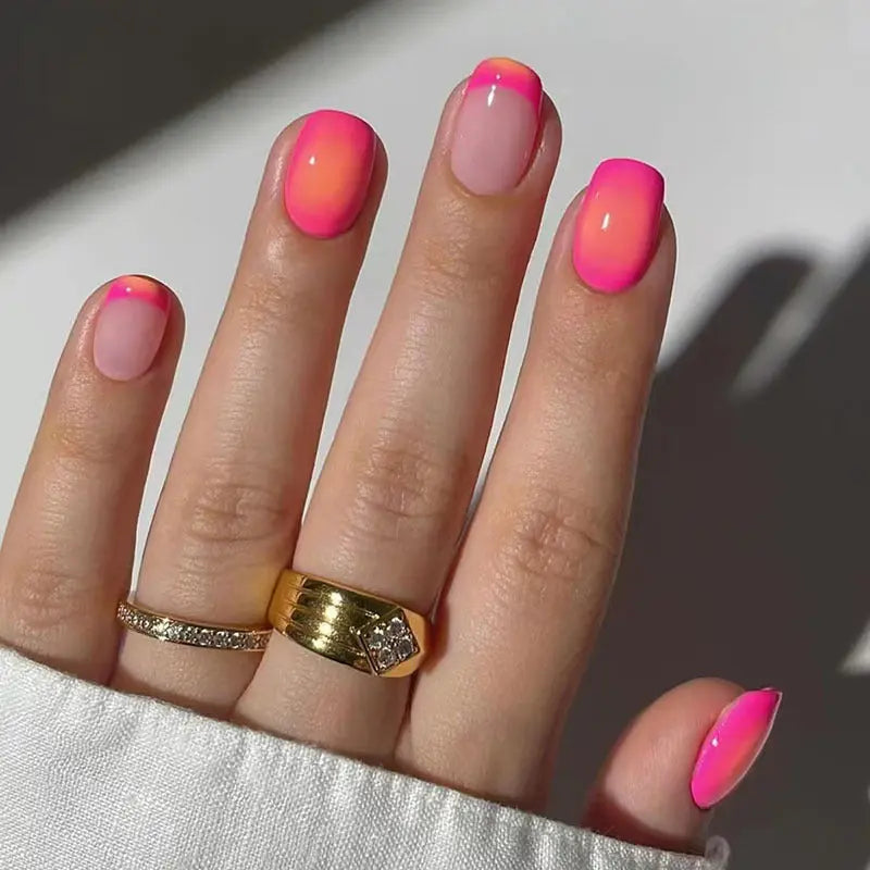 Aurora Shine Gradient Press-On Nails – Nude to Purple Ombre with Iridescent Stripes and Rhinestone Accents, Long-Lasting Reusable Square Tips, Easy to Apply, Perfect for Parties, Weddings, Festivals, and Elegant Everyday Chic Manicure Styles