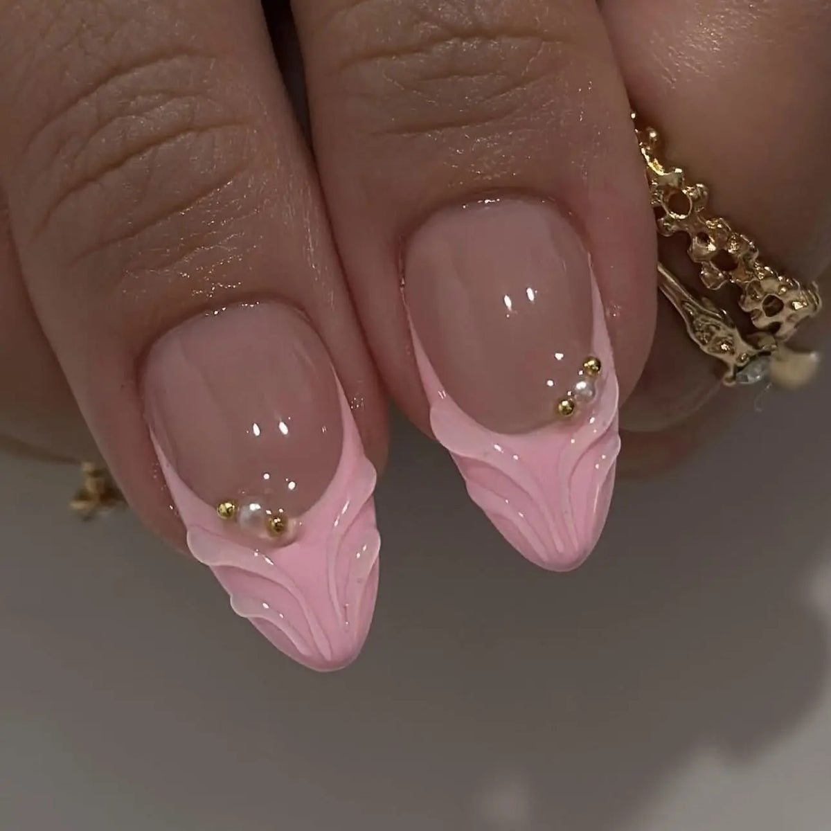 3D Pink Press on Nails Almond - Medium French Tip Fake Nails with Embossed Flower&Gold Bead Designs, Glossy Finish Reusable False Nails with Glue Tabs - 24Pcs Nail Kit for Women Manicure