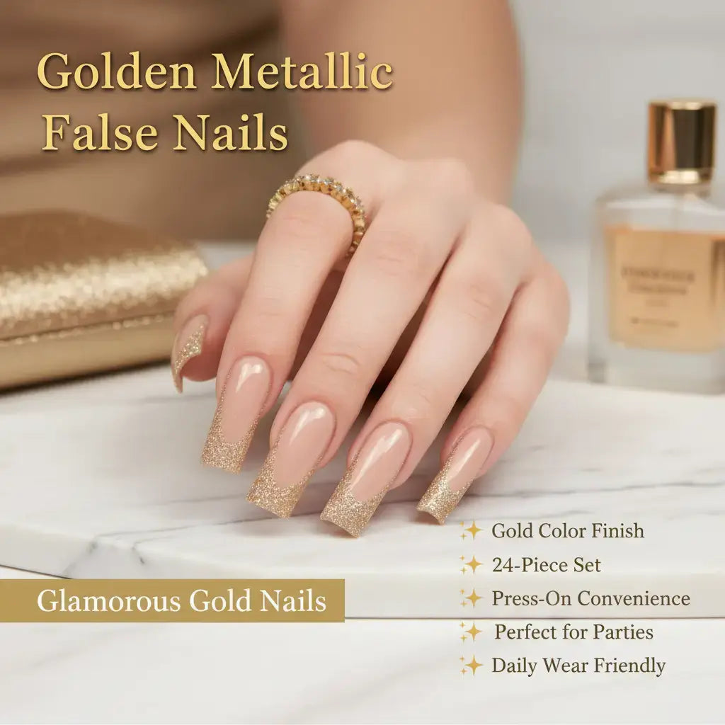 24Pcs Extra Long Golden Metallic French Press On Nails - Shiny Plastic Multi-Size False Nail Tips Set for Wedding Events, Casual Wear