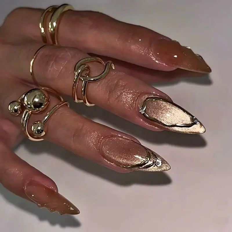 SHEDARES Bronze Luxe – Handmade Metallic Press-On Nails with 3D Carved Waves & Stud Accents – Parties, Dates, and Prom