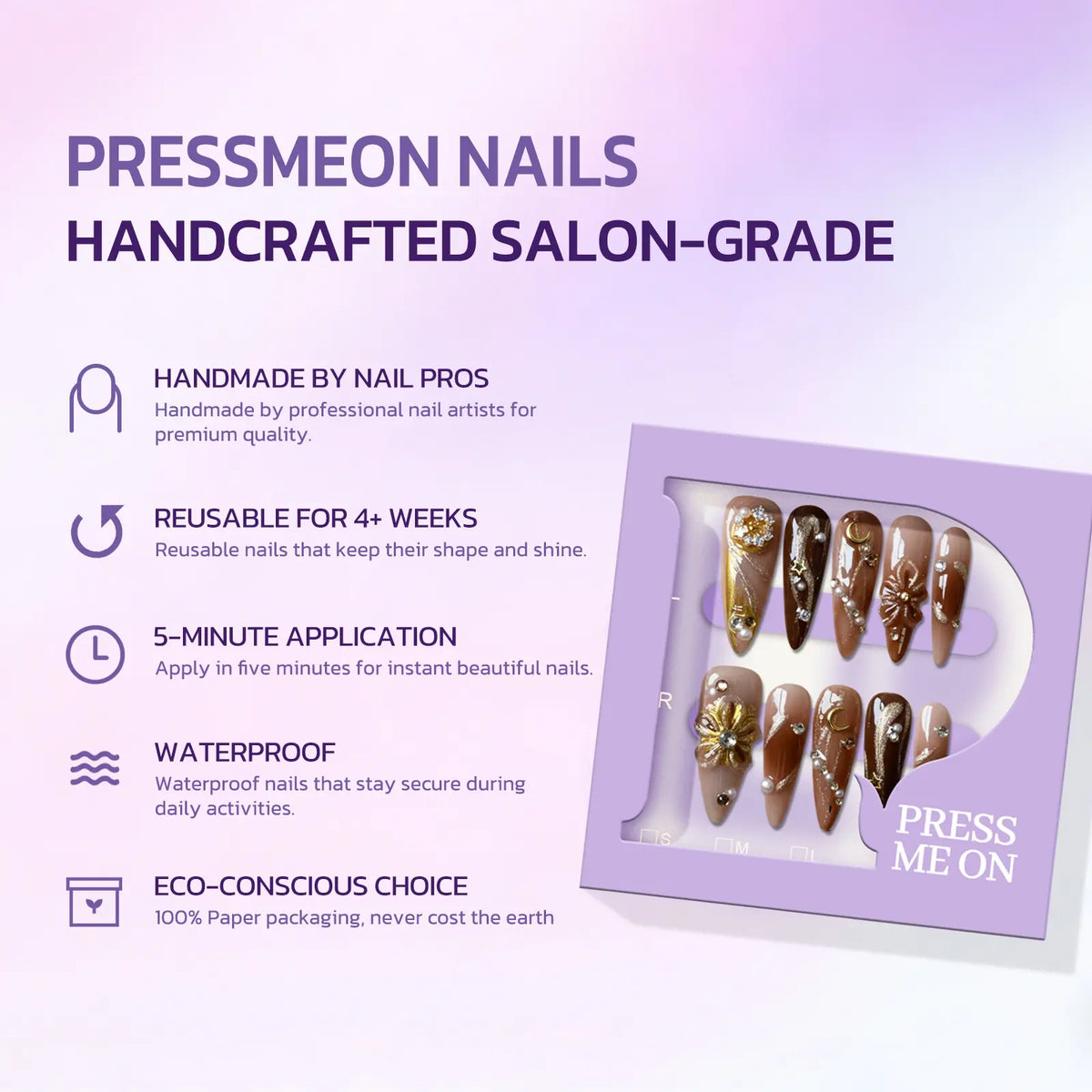 Pressmeon Handmade Press-on Nails | Holy Glory | Long Stiletto Shape Collection | 3D Luxury Salon Quality | Reusable & Extra Durable | Eco Package