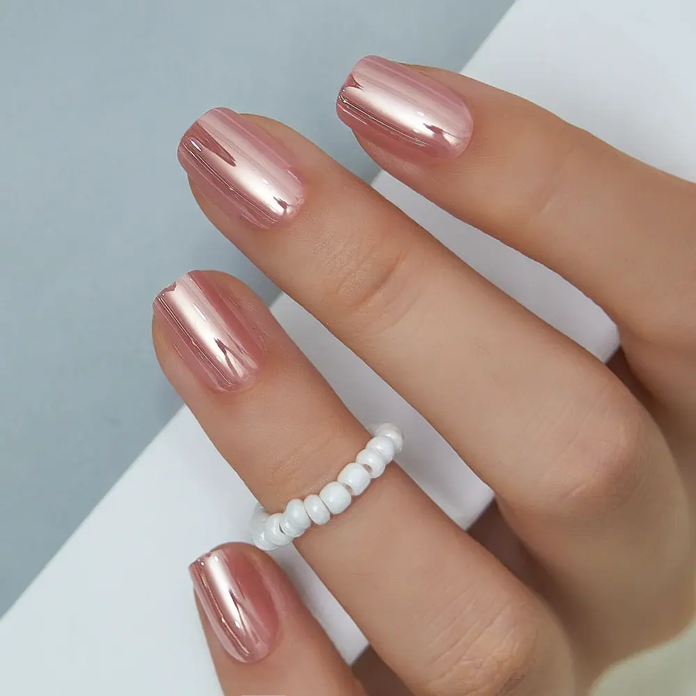 CurvLife Chrome & Short Squoval Press-On Nails Collection – 30PCS, Glossy Metallic Shine, Reusable Everyday Salon-Look Nails