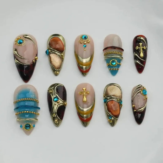 Gothic Jewel Press On Nails | Vintage Cross & Turquoise Gem Nail Art | 3D Gold Chrome Statement Nails | Luxury Almond Fake Nails