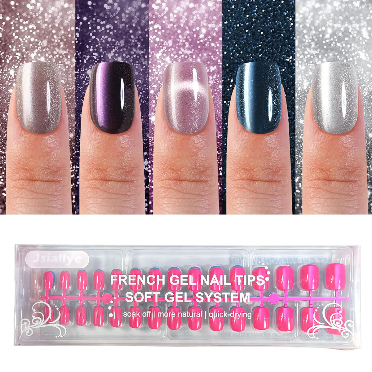 Jsiallye 150Pcs Cat Eye Press on Nails Short Square，Soft Gel Fake Nails, Glossy Glitter Cat Eye Nail Tips for Women and Girls Stick On Nails in 12 colour,summertime nail cateyes nail,salon -quality nails for everyday,gift for women summernail