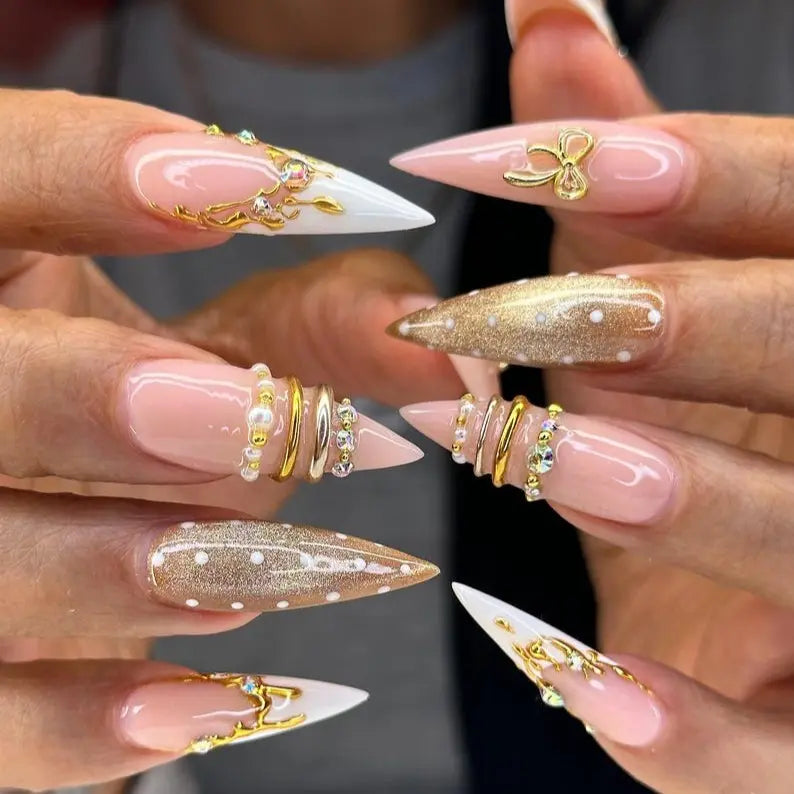 Luxury Gold Filigree Press-On Nails | Champagne Glitter & 3D Bridal Nail Art | Handmade Long Stiletto Reusable Nail Set
