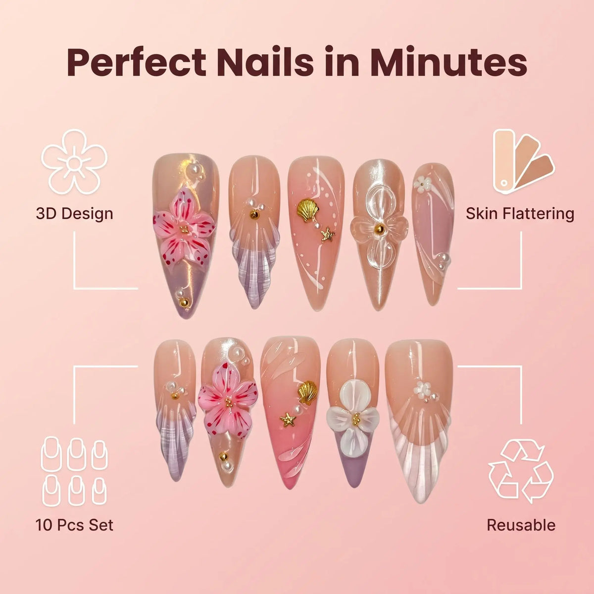 3D Floral Pearl Nail Design Kit, Luxury Pink Nude Nail Art Style with Shell & Star Details, Elegant French Inspired Glossy Manicure Look for Summer Vacation, Wedding, Date Night & Everyday Beauty