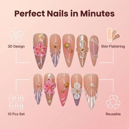 3D Floral Pearl Nail Design Kit, Luxury Pink Nude Nail Art Style with Shell & Star Details, Elegant French Inspired Glossy Manicure Look for Summer Vacation, Wedding, Date Night & Everyday Beauty