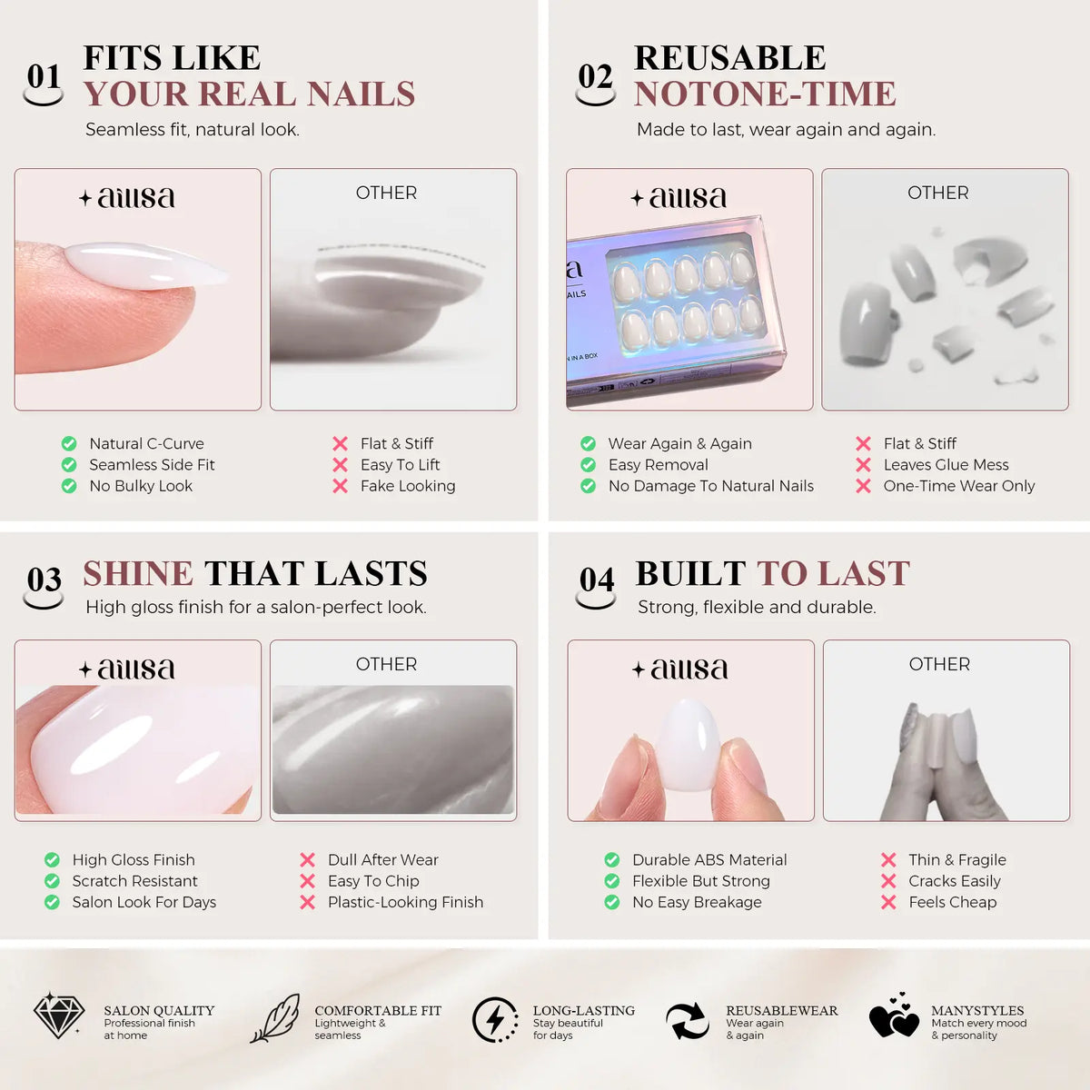 AILLSA Press-On Manicure, DIY Salon-Look Nail Art Set with Glossy Designs for Summer and Everyday Wear, Nail-Safe Press On False Nails backtoschool sohochic