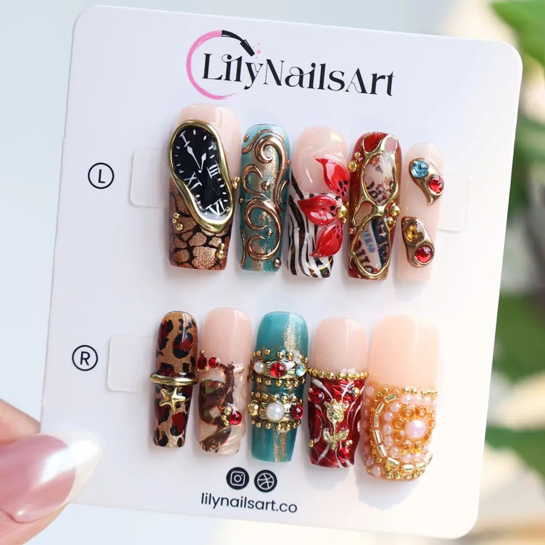 Lilynailsart | Maximalist Vintage Gold Nails – Filigree Gemstone Chrome 3D Rhinestone Nails – Long Square Luxury Nails