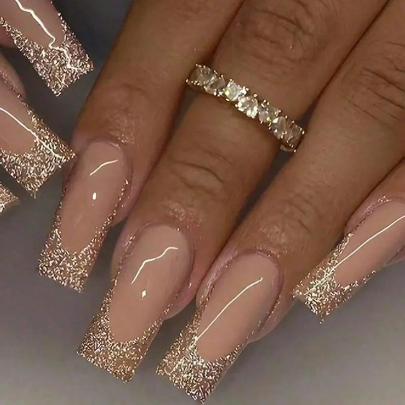 24Pcs Extra Long Golden Metallic French Press On Nails - Shiny Plastic Multi-Size False Nail Tips Set for Wedding Events, Casual Wear