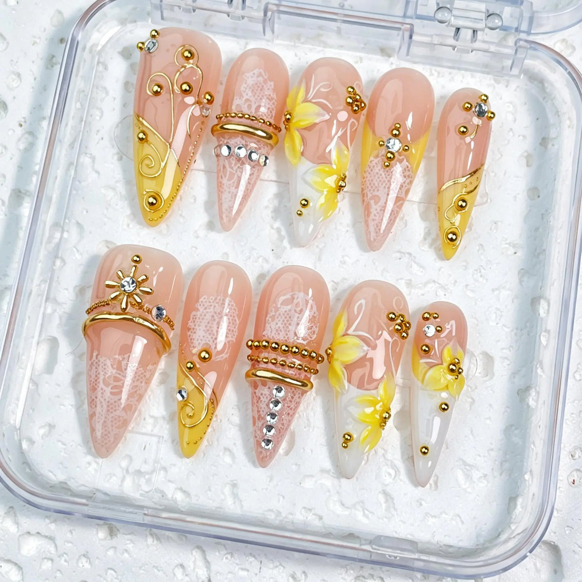 DivelleNails Handmade Press On Nails Collection 10pcs,Stiletto Nude Pink Gradient Nails,3D White Flower Gold Bangle Accent Blue Purple Heart Rhinestone,Reusable Acrylic False Nails