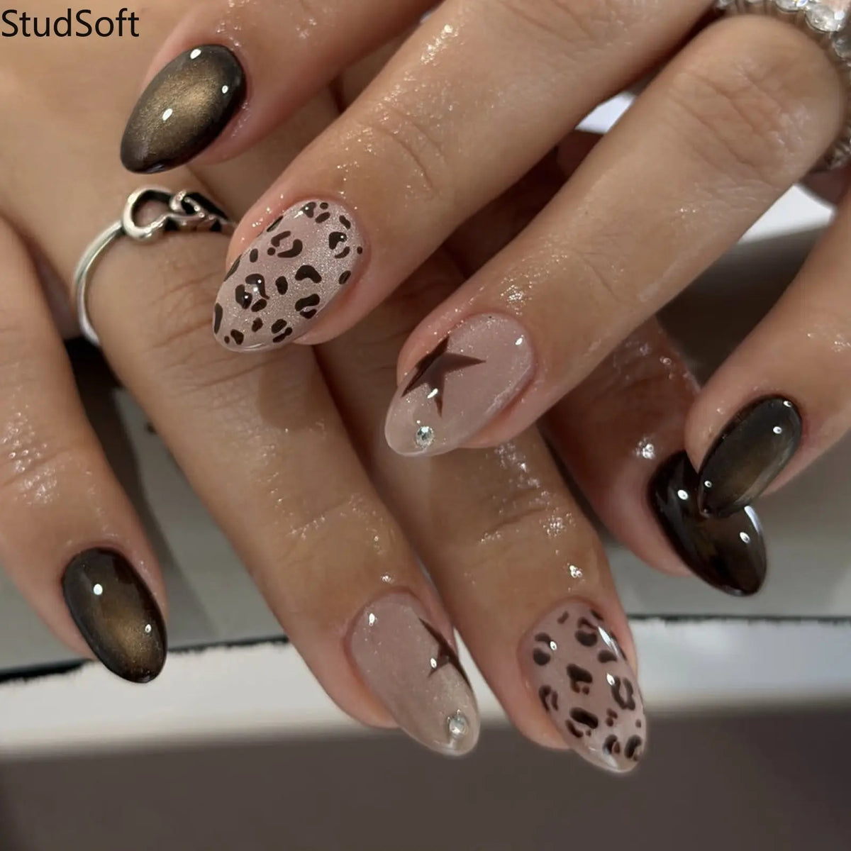 24pc Leopard Cat Eye Glossy Brown Star Fake Nails, Almond Shape Medium Reusable Press-On Nail Patches for Autumn Winter Manicures,sohochic