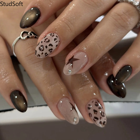 24pc Leopard Cat Eye Glossy Brown Star Fake Nails, Almond Shape Medium Reusable Press-On Nail Patches for Autumn Winter Manicures,sohochic
