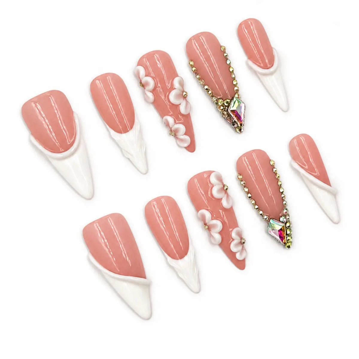 Get a Luxe Bridal Manicure, 10pcs Long Stiletto Peach Pink and White French Tip Nails, 3D White Flowers, Pleated Shell Texture and Crystal Frame, Glossy Reusable Handmade Press On Nails, Acrylic Fake Nails for Women, Weddings, Prom & Parties